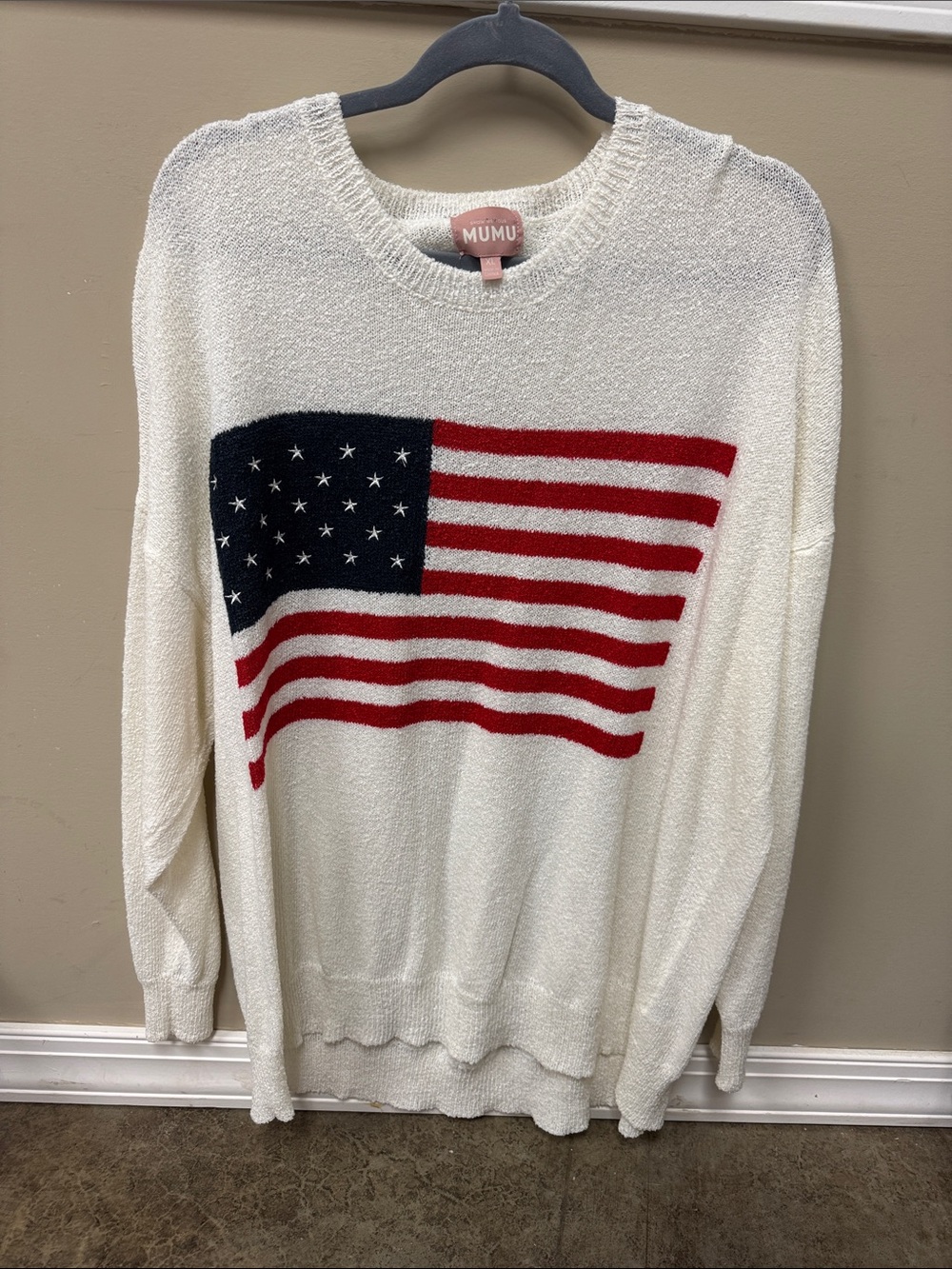 NWOT Show Me Your MuMu Cream Sweater with Red & Navy Flag